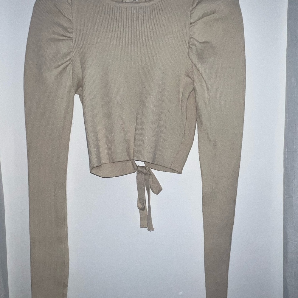 Beige Long Sleeve Tie-Front Top